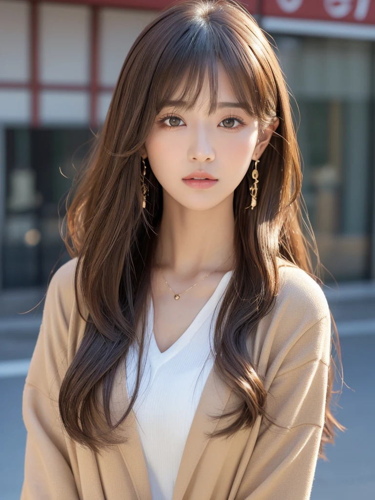 ((Highest quality, 8K, masterpiece:1.3)), concentrate: 1.2, Perfect body beauty: 1.4, Hips: 1.2, ((Long Hair, chest: 1.2)), (Dry clothes: 1.1) , (clear, Simple Background:1.3), Simple clothes: 1.1, Highly detailed face and skin texture,Delicate eyes, double eyelid, Whitened skin, Rough skin、Long Hair、Earrings with bangs、necklace、 solo、Beige coat、White shirt, (((Beautiful girl with cute Japan)))、 ((Beautiful Japanese girl 20 years old))、 ((Baby Face))、 (((Slender body)))、 Upper Body,Face focus、necklace,Simple Background,From above, Realistic Hair、 A photograph was taken:Canon EOS R6、135mm、1/1250 seconds、f2.8、ISO400、(Detailed explanation of the hand)、(Masseter muscle area)、(Exquisite CG)、Long Hair, loose and curly hair、Korean Hair、Long Hair明るいベージュ色、グラデーションハイライトグレージュのゆるふわLong Hairスタイル、