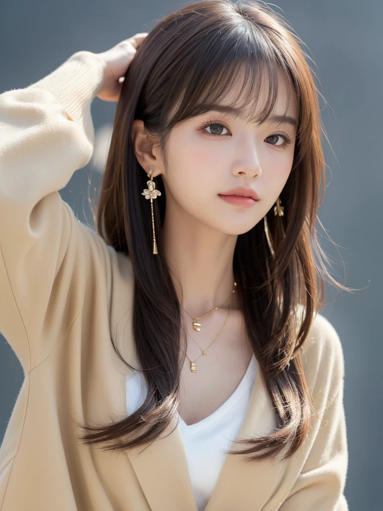 ((Highest quality, 8K, masterpiece:1.3)), concentrate: 1.2, Perfect body beauty: 1.4, Hips: 1.2, ((Long Hair, chest: 1.2)), (Dry clothes: 1.1) , (clear, Simple Background:1.3), Simple clothes: 1.1, Highly detailed face and skin texture,Delicate eyes, double eyelid, Whitened skin, Rough skin、Long Hair、Earrings with bangs、necklace、 solo、Beige coat、White shirt, (((Beautiful girl with cute Japan)))、 ((Beautiful Japanese girl 20 years old))、 ((Baby Face))、 (((Slender body)))、 Upper Body,Face focus、necklace,Simple Background,From above, Realistic Hair、 A photograph was taken:Canon EOS R6、135mm、1/1250 seconds、f2.8、ISO400、(Detailed explanation of the hand)、(Masseter muscle area)、(Exquisite CG)、Long Hair, loose and curly hair、Korean Hair、Long Hair明るいベージュ色、グラデーションハイライトグレージュのゆるふわLong Hairスタイル、