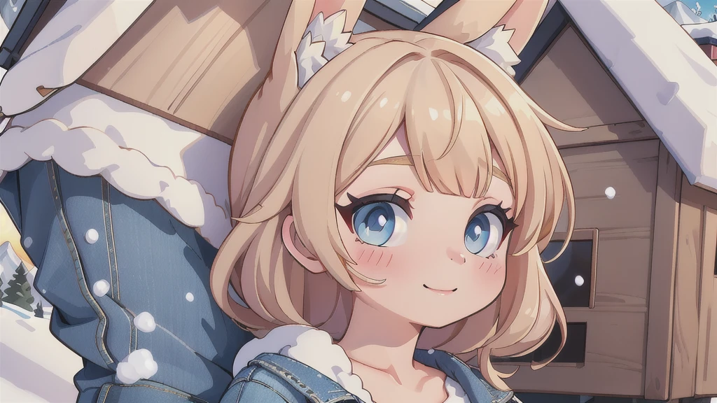 (ultra detailed background, delicate pattern, intricate detail, highly detailed, fine details), best quality,((medium breasts, slim girl, close-up, portrait)), CarrotChan, 1girl, solo, blonde hair, animal ears, rabbit ears, rabbit girl, furry female, furry, short hair, smile, rabbit tail, (blue jeans and white t-shirt), brown eyes, ((slim girl, medium breasts, animal nose)), ((complex detailed background, snow, mountains, cabin, winter environment, close-up, portrait))