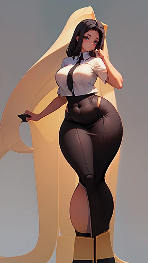 blank background, (((full body))), (masterpiece), ((best quality)), ((tall girl)), straight hair ((curvy:1.8)), (short skirt), shoes, belt below navel, redhead hair,, (black suit and tie), wide hips