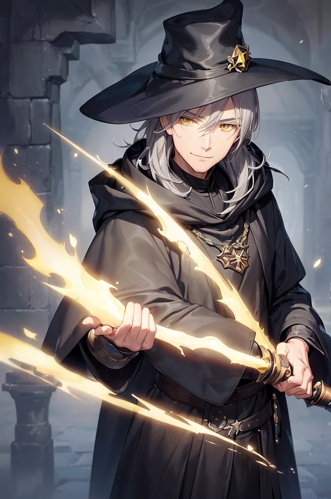 (masterpiece; best quality: 1.2), (finely detailed eyes: 1.3), ((70 year old man)), ((solo)), (yellow eyes: 1.4), (body; lean, old, masculine: 1.3), (long gray hair: 1.3), (beautiful and clear background: 1.2), ((depth of field)), (equipment: traveler mage dark robe + dark pointed hat + dark cloak: 1.3), (anime illustration: 1.2), (background composition; palace garden exterior: 1.1), (extremely fine and handsome: 1.1), (shot composition; standing + centered on torso + close-up: 1.5), (expression; calm, smile: 1.2)
