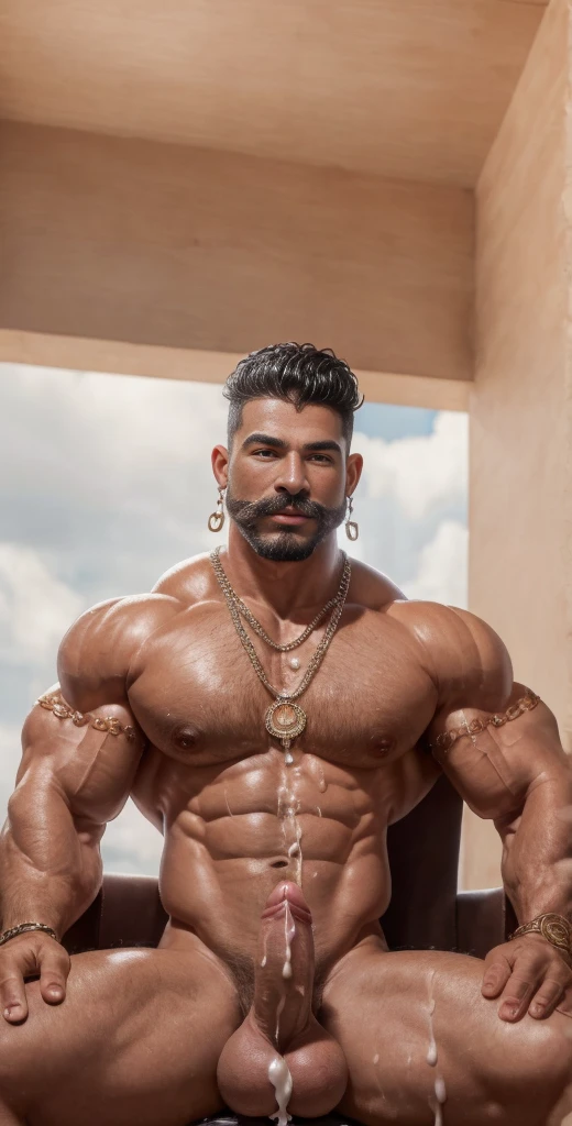 (masterpiece, intricately detailed, highest resolution, best quality:1.2),a cocky ((latino:1.2)), ((influencer:1.2)), a 23 y.o muscle stud with a muscular physique sitting on a chair completely covered with jewelry, ((big chain with a huge pendant:1.2)), tattoos, with black eyes,dark-skinned male, chavalpha , beardalpha, bald head, signature mustache, gay chest harness, huge beard, mutton- chops,flaccid penis,saggy balls,((excessive cum:1.2)), ((cum on body:1.2)), cum drip, hairy chest,vascular,muscle striations,soft light,fantastic realism,