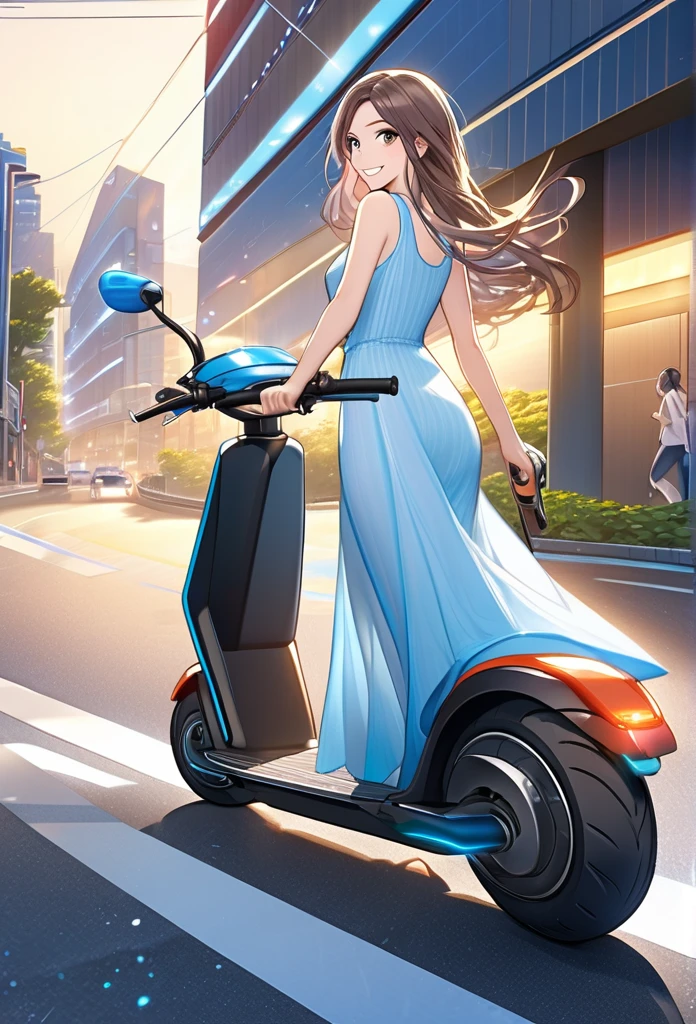 ((glittering night)),((view from directly hill top)),((a lady with sheltered life:1.3)),(long hair fluttering in the wind),(ride on electric scooter:1.3),((summer light blue one-piece dress )),(Japanese modern building street),(((fairly cheerful smile)),((Dynamic action)),((best quality))), ((ultra-detailed)),((an extremely delicate and beautiful)),((High Definition)),((official wallpaper)),