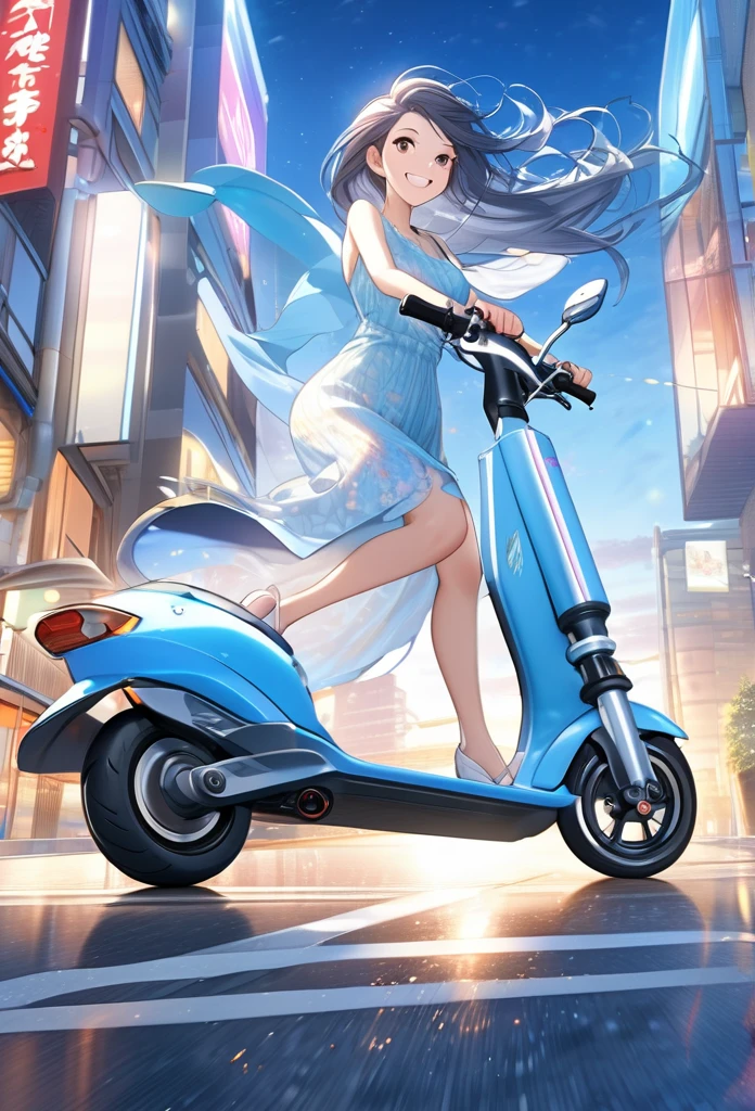 ((glittering night)),((view from directly hill top)),((a lady with sheltered life:1.3)),(long hair fluttering in the wind),(ride on electric scooter:1.3),((summer light blue one-piece dress )),(Japanese modern building street),(((fairly cheerful smile)),((Dynamic action)),((best quality))), ((ultra-detailed)),((an extremely delicate and beautiful)),((High Definition)),((official wallpaper)),
