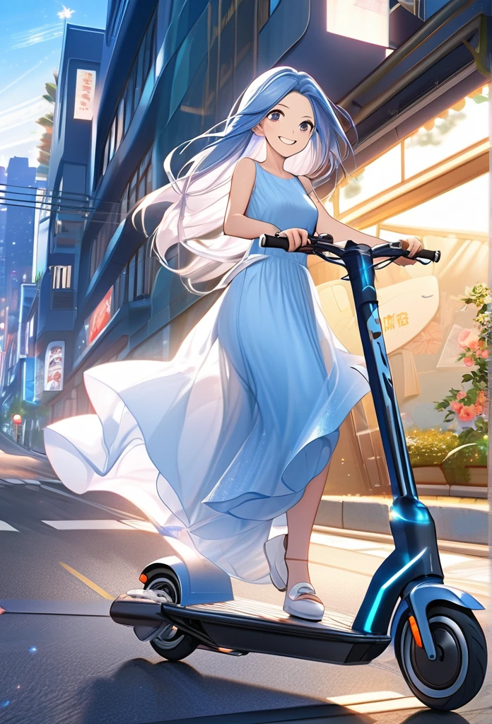 ((glittering night)),((view from directly hill top)),((a lady with sheltered life:1.3)),(long hair fluttering in the wind),(ride on electric scooter:1.3),((summer light blue one-piece dress )),(Japanese modern building street),(((fairly cheerful smile)),((Dynamic action)),((best quality))), ((ultra-detailed)),((an extremely delicate and beautiful)),((High Definition)),((official wallpaper)),