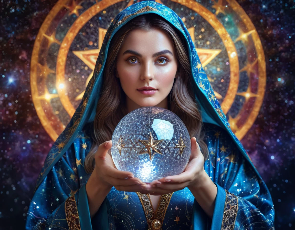 A beautiful female astrologer, detailed face and eyes, intricate star-patterned robe, holding a crystal ball, cosmic background, (best quality,4k,8k,highres,masterpiece:1.2),ultra-detailed,(realistic,photorealistic,photo-realistic:1.37),fantasy art,cinematic lighting,vibrant colors,dramatic lighting,mystical atmosphere