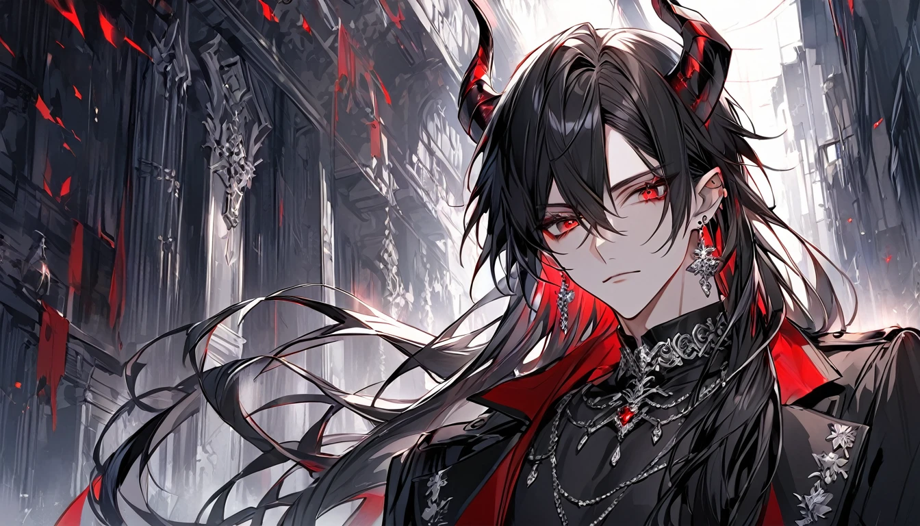 alone, good looking, 1 male, Long hair, Middle parted hair, Black hair, Red eyes, Black shirt, White Thailand, Black Trench Coat, Royal Silver Jewellery, Royal Demon Earrings, Black horns, Front Facing, Vtuber Front Facing Camera