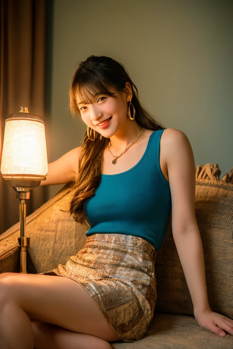 (Highest quality:1.4)，(masterpiece:1.4)，(Realistic:1.4)，(Realistic:1.2)，(超High resolution， RAW Photos:1.4)，(High resolution， Super detailed:1.2)，(8K:1.2)，View your audience，Cinematography，One Girl，skeletally correct，Brown haired woman，Long Hair、(Small earrings，necklace，A tight-fitting cream-colored dress，Long Flared Skirt，View from the front)，（Inside the Western-style building，Dimly lit room，The lamplight shines on my cheeks，Sit on the sofa）、Smiling Kindly