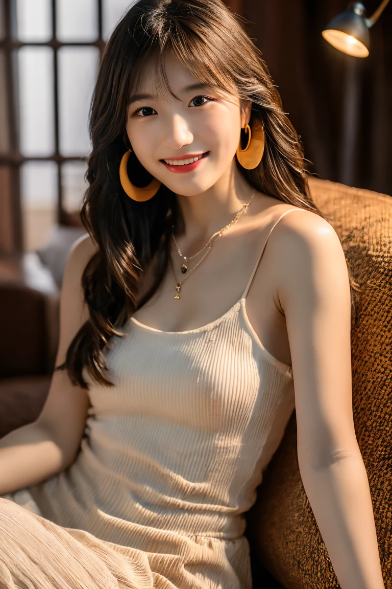 (Highest quality:1.4),(masterpiece:1.4),(Realistic:1.4),(Realistic:1.2),(超High resolution, RAW Photos:1.4),(High resolution, Super detailed:1.2),(8K:1.2),View your audience,Cinematography,One Girl,skeletally correct,Brown haired woman,Long Hair、(Small earrings,necklace,A tight-fitting cream-colored dress,Long Flared Skirt,View from the front),(Inside the Western-style building,Dimly lit room,The lamplight shines on my cheeks,Sit on the sofa)、Smiling Kindly