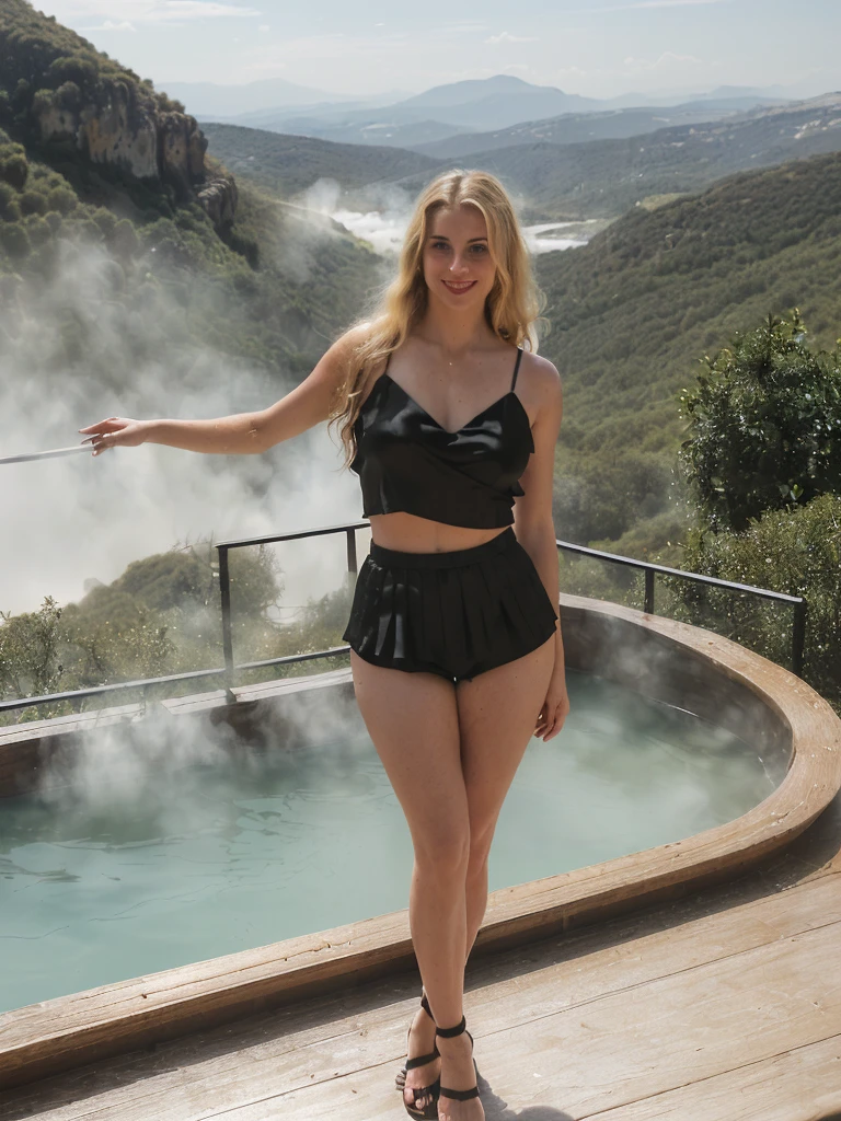 hannahhays, ugly:1.2, solo, (realistic, photorealistic, hyperrealistic, ((Greek woman, Greek features)), (mature, mature woman, 20 years old, 20year-old woman, 20 year-old body, mid 20s), (((medium long hair, blonde hair, blond hair))) ((thin body, flat chested)), fair complexion, nudity, she is fully-naked, (((woman standing seductively on a view deck, overlooking a breathtaking hot spring landscape. The steam rises gently from the pools below, creating a mystical atmosphere. The view stretches out, revealing the natural beauty of the surroundings—lush greenery, perhaps mountains in the distance, and the vibrant colors of the hot spring waters. The woman stands there, taking in the peaceful scene, feeling a sense of awe and connection with nature's beauty. It's a moment of reflection and appreciation for the wonders of the Earth.))), she is looking at the camera smiling, (((dynamic pose))), (((she is wearing a color black fold pleated asymmetrical Hem Satin Cami top paired with color black silk booty shorts)))