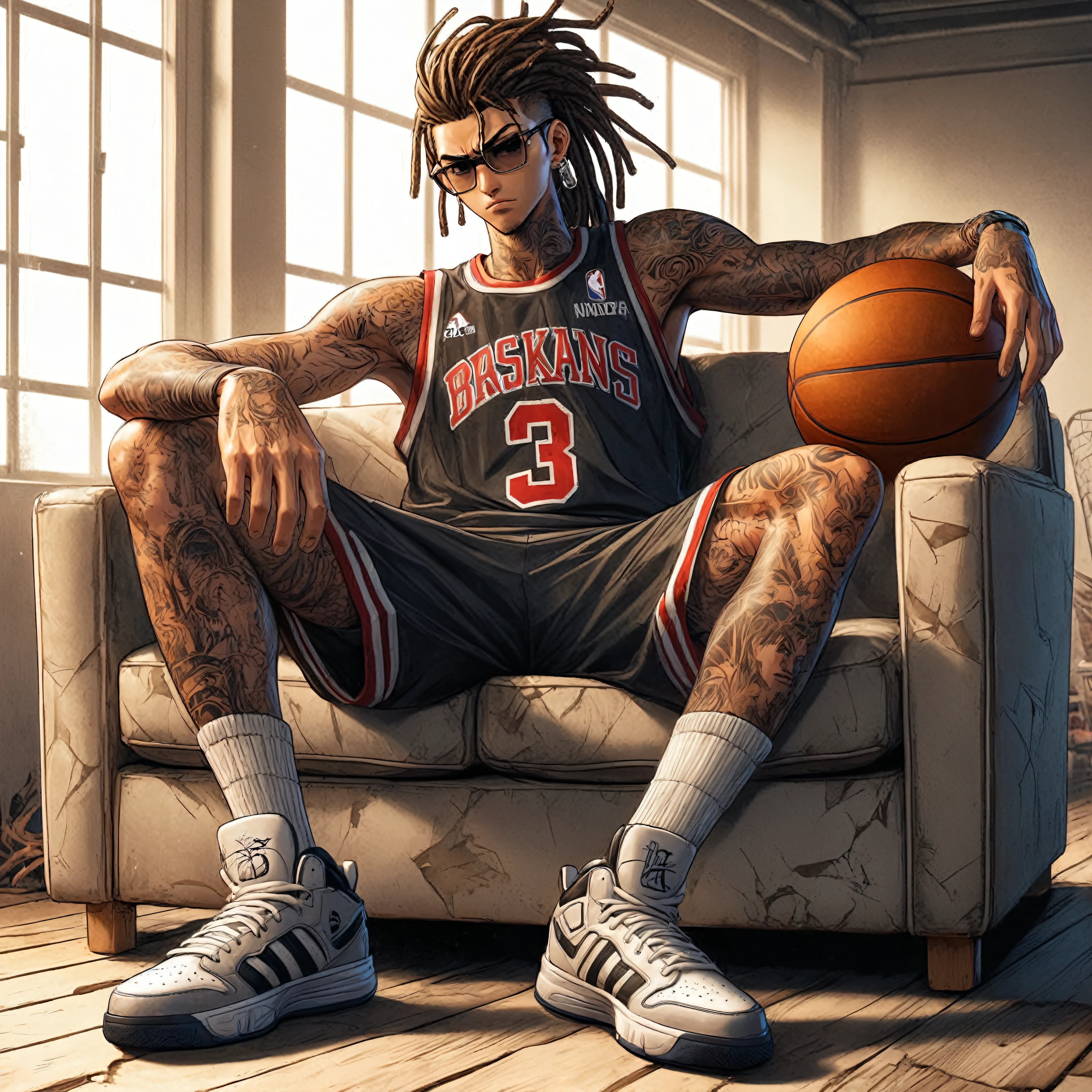 arafed image of a man sitting on a couch with a basketball ball, official artwork, nba, official art, james lebron, wearing nba jersey, inked and colored, album art, basketball sneaker concept art, slam dunk, profile shot, by Eddie Mendoza, chief keef, wiz khalifa, badass look, john liberto, fanart, fan art, scence of slam dunk