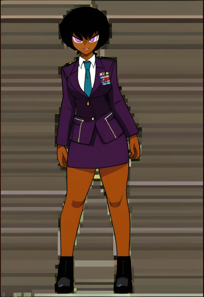 Make a evil military black anime woman in a purple skirt suit witha tie on full body