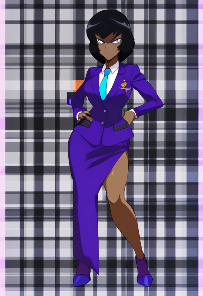 Make a evil military black anime woman in a purple skirt suit witha tie on full body 