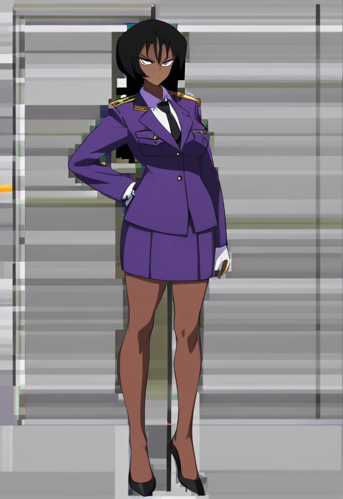 Make a evil military black anime woman in a purple skirt suit witha tie on full body