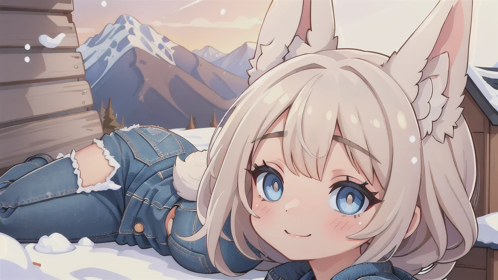 (ultra detailed background, delicate pattern, intricate detail, highly detailed, fine details), best quality,((medium breasts, slim girl, close-up, portrait)), CarrotChan, 1girl, solo, blonde hair, animal ears, rabbit ears, rabbit girl, furry female, furry, short hair, smile, rabbit tail, (blue jeans and white t-shirt), brown eyes, ((slim girl, medium breasts, animal nose)), ((complex detailed background, snow, mountains, cabin, winter environment, close-up, portrait))