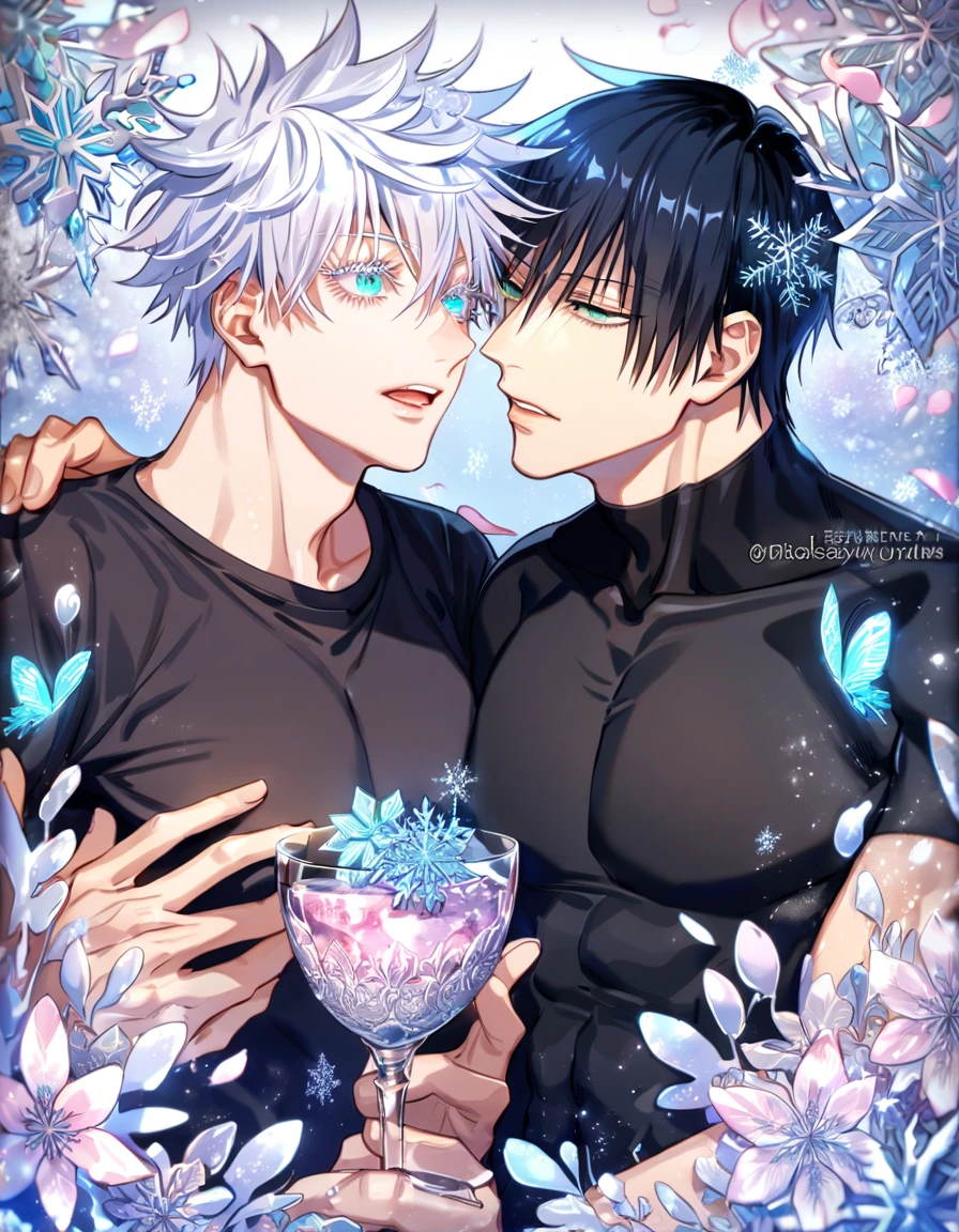 Ultra detailed, HDR, Highres, absurdres, master piece, Fushiguro Touji, black straight hair, expressive green eyes, Gojou Satoru, white hair with bangs, expressive blue eyes, white eyelashes, Jujutsu Kaisen, two sexy man together, gay couple, yaoi, handsome, glass, ice glittering butterflies, ice, petals, pink ice glass flowers, cute, glittering, water, fantasy, magical, snowflakes, cold, black tight shirt, toned chest