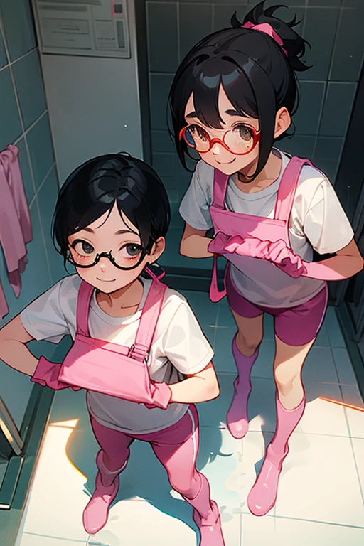 Two elementary school students with freckles and glasses, wearing short-sleeved gym clothes, black hair tied up, and narrow eyes, wearing large pink rubber gloves and white rubber boots, smiling and cleaning the school toilets.