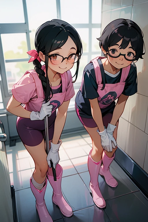 Two elementary school students with freckles and glasses, wearing short-sleeved gym clothes, black hair tied up, and narrow eyes, wearing large pink rubber gloves and white rubber boots, smiling and cleaning the school toilets.