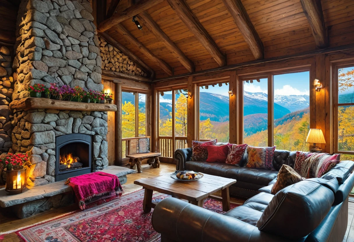 (best quality,4K,8K,high resolution,masterpiece:1.2),Extremely detailed,(Practical,photoPractical,photo-Practical:1.37),Mountain hut,Cozy cottage,Wooden house surrounded by mountains,Tranquil atmosphere,Great attention to detail,Peaceful environment,Panoramic view of mountains and forests,Secluded place,A window，Enjoy the stunning views,Elegant and rustic design,Chimney smoke,Warm and welcoming atmosphere,Crackling Fireplace,Comfortable furniture,Soft and warm lighting,Serene colors,Natural materials,Wood paneling,Beautifully landscaped gardens，There are colorful flowers and plants,Clear blue sky,fresh air,breeze,Rustling Leaves,Peace and tranquility,Hiking trails,Nature Exploration,adventure,The Hermitage,Escape from busy city life,Perfect place to relax and meditate.