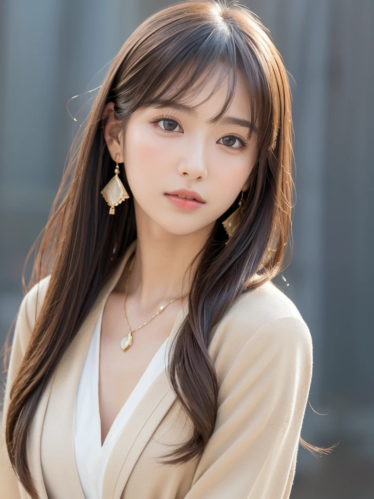 ((Highest quality, 8K, masterpiece:1.3)), concentrate: 1.2, Perfect body beauty: 1.4, Hips: 1.2, ((Long Hair, chest: 1.2)), (Dry clothes: 1.1) , (clear, Simple Background:1.3), Simple clothes: 1.1, Highly detailed face and skin texture,Delicate eyes, double eyelid, Whitened skin, Rough skin、Long Hair、Earrings with bangs、necklace、 solo、Beige coat、White shirt, (((Beautiful girl with cute Japan)))、 ((Beautiful Japanese girl 20 years old))、 (())、 (((Slender body)))、 Upper Body,Face focus、necklace,Simple Background,From above, Realistic Hair、 A photograph was taken:Canon EOS R6、135mm、1/1250 seconds、f2.8、ISO400、(Detailed explanation of the hand)、(Masseter muscle area)、(Exquisite CG)、Long Hair, loose and curly hair、Korean Hair、Long Hair明るいベージュ色、グラデーションハイライトグレージュのゆるふわLong Hairスタイル、
