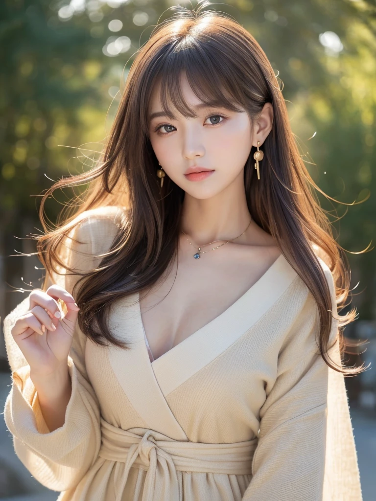 ((Highest quality, 8K, masterpiece:1.3)), concentrate: 1.2, Perfect body beauty: 1.4, Hips: 1.2, ((Long Hair, chest: 1.2)), (Dry clothes: 1.1) , (clear, Simple Background:1.3), Simple clothes: 1.1, Highly detailed face and skin texture,Delicate eyes, double eyelid, Whitened skin, Rough skin、Long Hair、Earrings with bangs、necklace、 solo、Beige coat、White shirt, (((Beautiful girl with cute Japan)))、 ((Beautiful Japanese girl 20 years old))、 ((Baby Face))、 (((Slender body)))、 Upper Body,Face focus、necklace,Simple Background,From above, Realistic Hair、 A photograph was taken:Canon EOS R6、135mm、1/1250 seconds、f2.8、ISO400、(Detailed explanation of the hand)、(Masseter muscle area)、(Exquisite CG)、Long Hair, loose and curly hair、Korean Hair、Long Hair明るいベージュ色、グラデーションハイライトグレージュのゆるふわLong Hairスタイル、