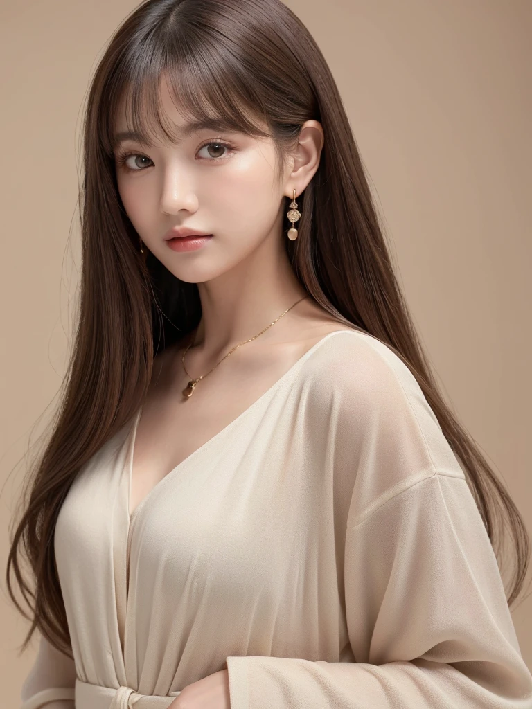  ((Highest quality, 8K, masterpiece:1.3)), concentrate: 1.2, Perfect body beauty: 1.4, Hips: 1.2, ((Long Hair, chest: 1.2)), (Dry clothes: 1.1) , (clear, Simple Background:1.3), Simple clothes: 1.1, Highly detailed face and skin texture,Delicate eyes, double eyelid, Whitened skin, Rough skin、Long Hair、Earrings with bangs、necklace、 solo、Beige coat、White shirt,  (((Beautiful girl with cute Japan)))、  ((Beautiful Japanese girl 20 years old))、 ((Baby Face))、 (((Slender body)))、  Upper Body，Face focus、necklace，Simple Background，From above， Realistic Hair、 A photograph was taken:Canon EOS R6、135mm、1/1250 seconds、f2.8、ISO400、(Detailed explanation of the hand)、(Masseter muscle area)、(Exquisite CG)、Long Hair, loose and curly hair、Korean Hair、Long Hair明るいベージュ色、グラデーションハイライトグレージュのゆるふわLong Hairスタイル、