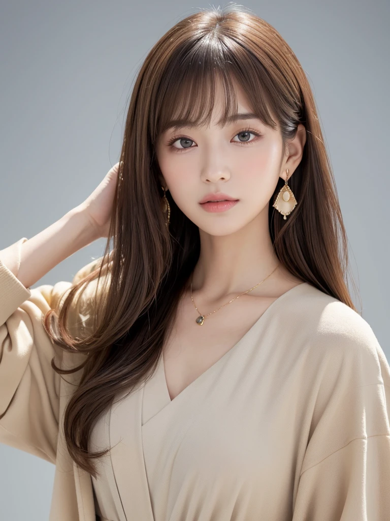 ((Highest quality, 8K, masterpiece:1.3)), concentrate: 1.2, Perfect body beauty: 1.4, Hips: 1.2, ((Long Hair, chest: 1.2)), (Dry clothes: 1.1) , (clear, Simple Background:1.3), Simple clothes: 1.1, Highly detailed face and skin texture,Delicate eyes, double eyelid, Whitened skin, Rough skin、Long Hair、Earrings with bangs、necklace、 solo、Beige coat、White shirt, (((Beautiful girl with cute Japan)))、 ((Beautiful Japanese girl 20 years old))、 ((Baby Face))、 (((Slender body)))、 Upper Body,Face focus、necklace,Simple Background,From above, Realistic Hair、 A photograph was taken:Canon EOS R6、135mm、1/1250 seconds、f2.8、ISO400、(Detailed explanation of the hand)、(Masseter muscle area)、(Exquisite CG)、Long Hair, loose and curly hair、Korean Hair、Long Hair明るいベージュ色、グラデーションハイライトグレージュのゆるふわLong Hairスタイル、