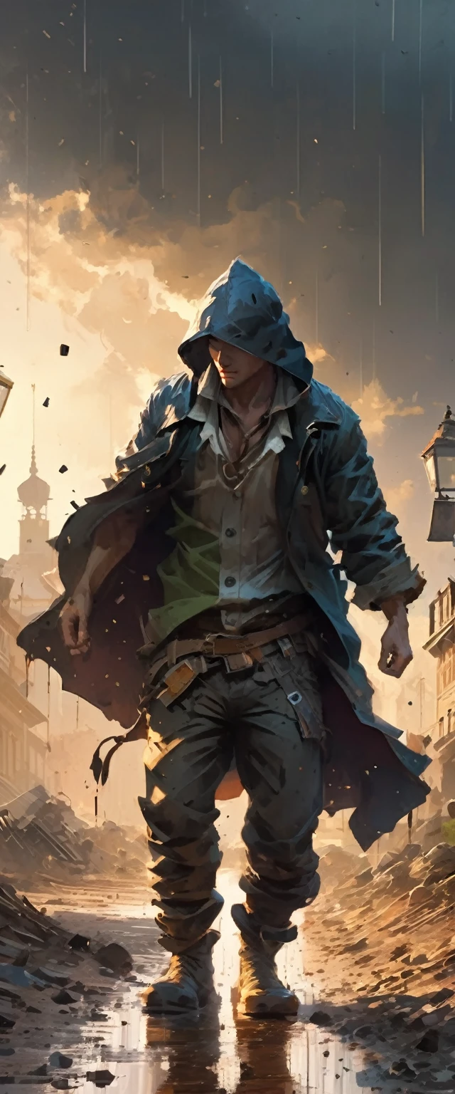 a man looking at the end of a straight road, man's hands up triumphantly, rain, old town, feet buried in mud on the road, masterpiece, best quality, (highly detailed CG unity 8k wallpaper), (best quality), (best illustrations ), (best shadows), absurdres, realistic lighting, (Abyss), beautiful light details, art by PeterMohrBacher,