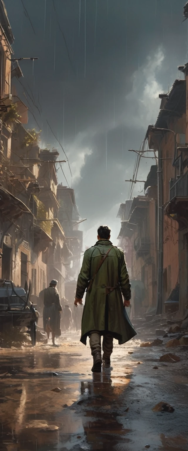 a man looking at the end of a straight road, man's hands up triumphantly, rain, old town, feet buried in mud on the road, masterpiece, best quality, (highly detailed CG unity 8k wallpaper), (best quality), (best illustrations ), (best shadows), absurdres, realistic lighting, (Abyss), beautiful light details, art by PeterMohrBacher,