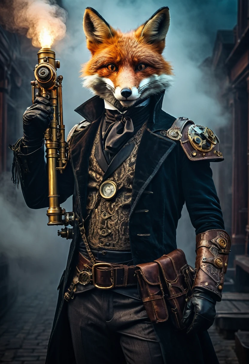 a baroque xix century, gaslamp fantasy style scene, steampunk humanoid with a glass mechanical arm, a misterous fox mask covers half of its face. a giant three barrel steampunk brass shotgun resting on his shoulder, in a dynamic pose, leather outfit. Standing over a gargola edge, moody lighting, fog ethereal dramatic atmosphere, high contrast, cinematic, intricate details, ornate steampunk design, brass metal textures, glowing steam vents, mechanical gears, cogs, rivets, steam powered technology, chiaroscuro lighting, deep shadows, cool color tones, muted palette, photorealistic, 8k, ultra-detailed, best quality, masterpiece, ñ