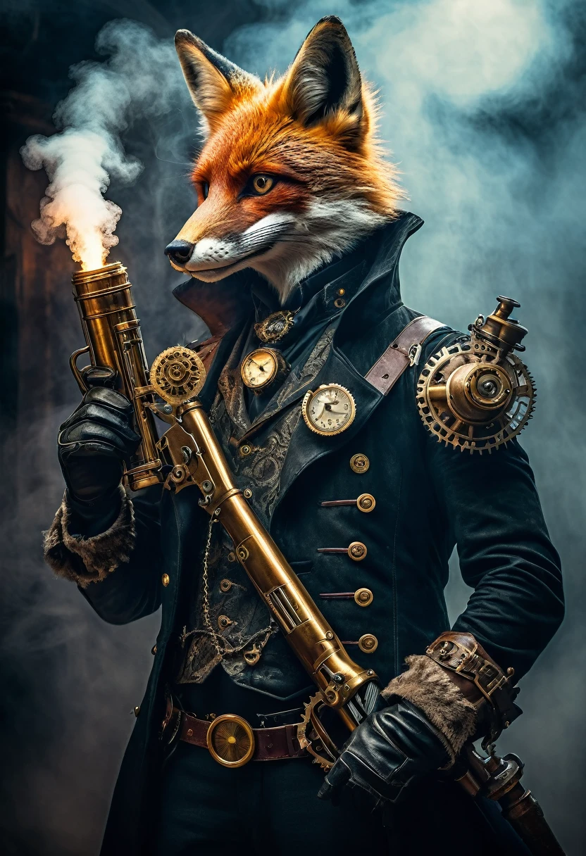 a baroque xix century, gaslamp fantasy style scene, steampunk humanoid with a glass mechanical arm, a misterous fox mask covers half of its face. a giant three barrel steampunk brass shotgun resting on his shoulder, in a dynamic pose, leather outfit. Standing over a gargola edge, moody lighting, fog ethereal dramatic atmosphere, high contrast, cinematic, intricate details, ornate steampunk design, brass metal textures, glowing steam vents, mechanical gears, cogs, rivets, steam powered technology, chiaroscuro lighting, deep shadows, cool color tones, muted palette, photorealistic, 8k, ultra-detailed, best quality, masterpiece, ñ