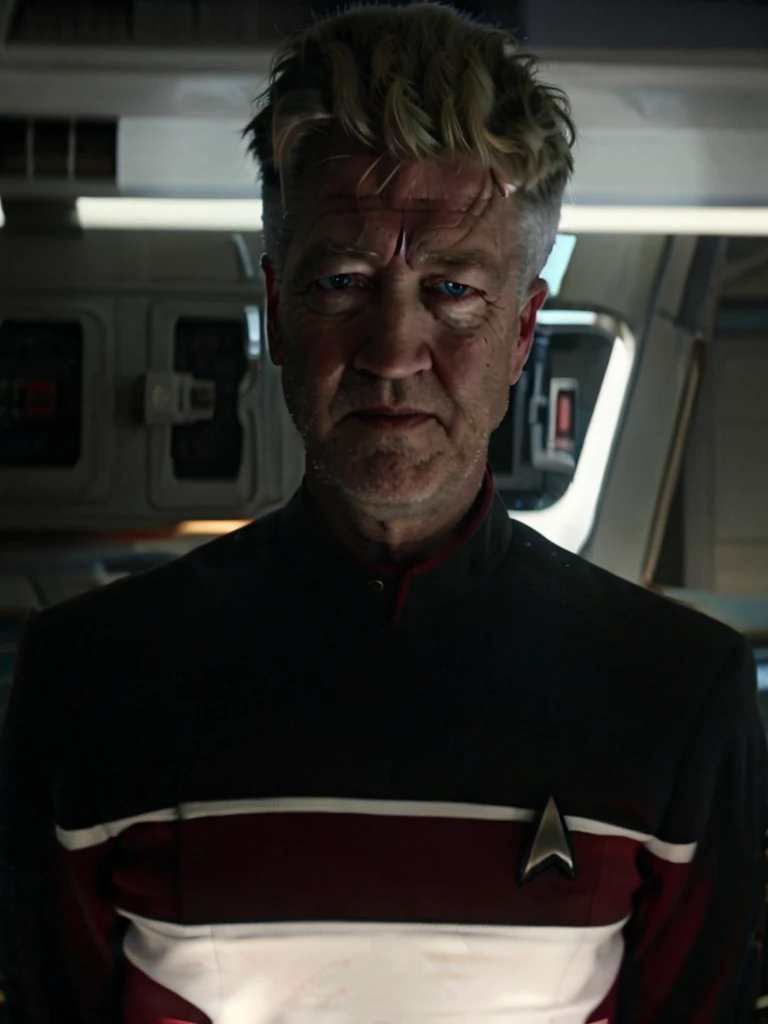 David lynch in red sttldunf uniform,on starship bridge, bright lighting, neutral expression