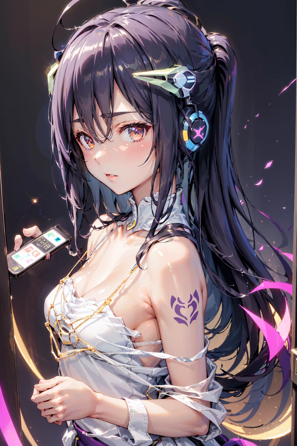 masterpiece, 1 beautiful girl, Delicate eyes, swollen eyes, Top quality, 超high resolution, (Reality: 1.4), light, Japanese, Asian Beauty, Very extremely beautiful, Beautiful Skin, Slim, Forward-facing body, (超Reality主义), (high resolution), (8K), (Very detailed), ( Best Illustration Award), (精美Delicate eyes), (Ultra Detailed), Delicate face, 明亮的light, Professional lighting、The background is a cyberpunk room,There are a lot of monitors inside.....、Ropes connected to clothing、Pink double ponytails、Headphones on the head、Small tattoo on face、Female DJ
