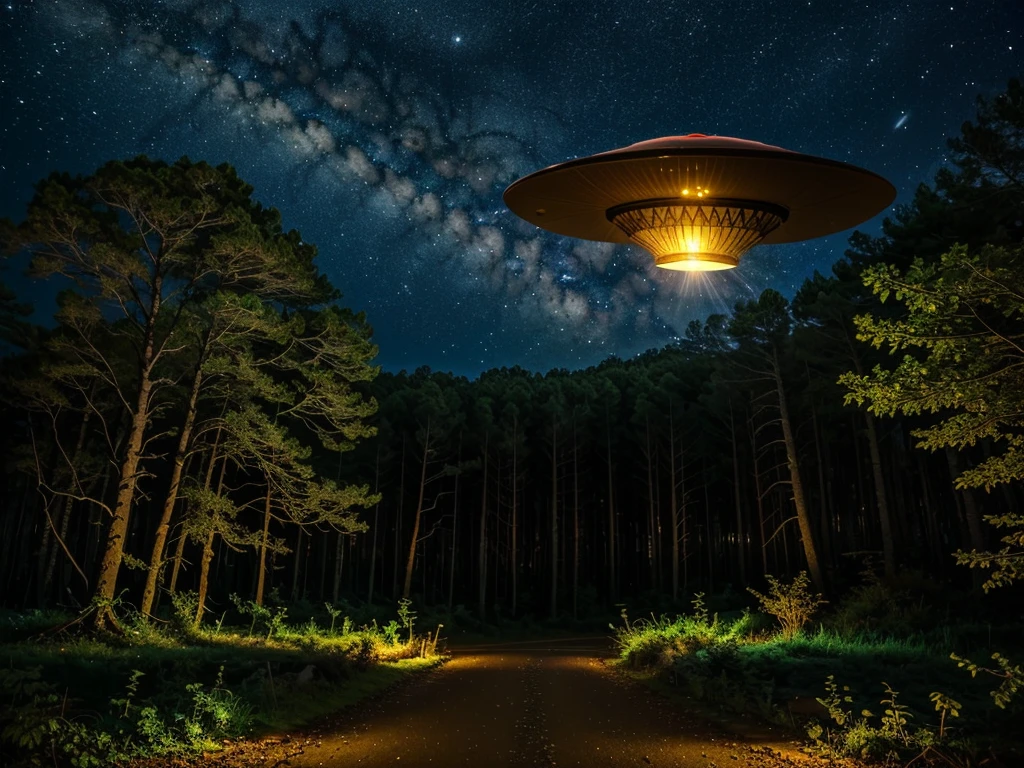 (((Masterpiece))), (high quality),Flying saucer UFO,Night Forest