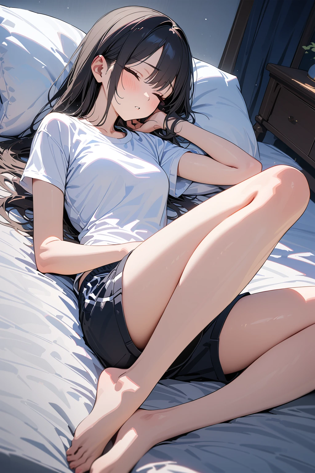 (masterpiece, Highest quality:1.5), (Super detailed, High resolution, 8K, Beautiful details, 超High resolution, Best Anatomy), Black Hair, Small breasts, 1 female, 20-year-old, barefoot, Bedroom, night, Shorts, Short sleeve T-shirt, close your eyes, Put your head on the pillow, Lying in bed, Side angle