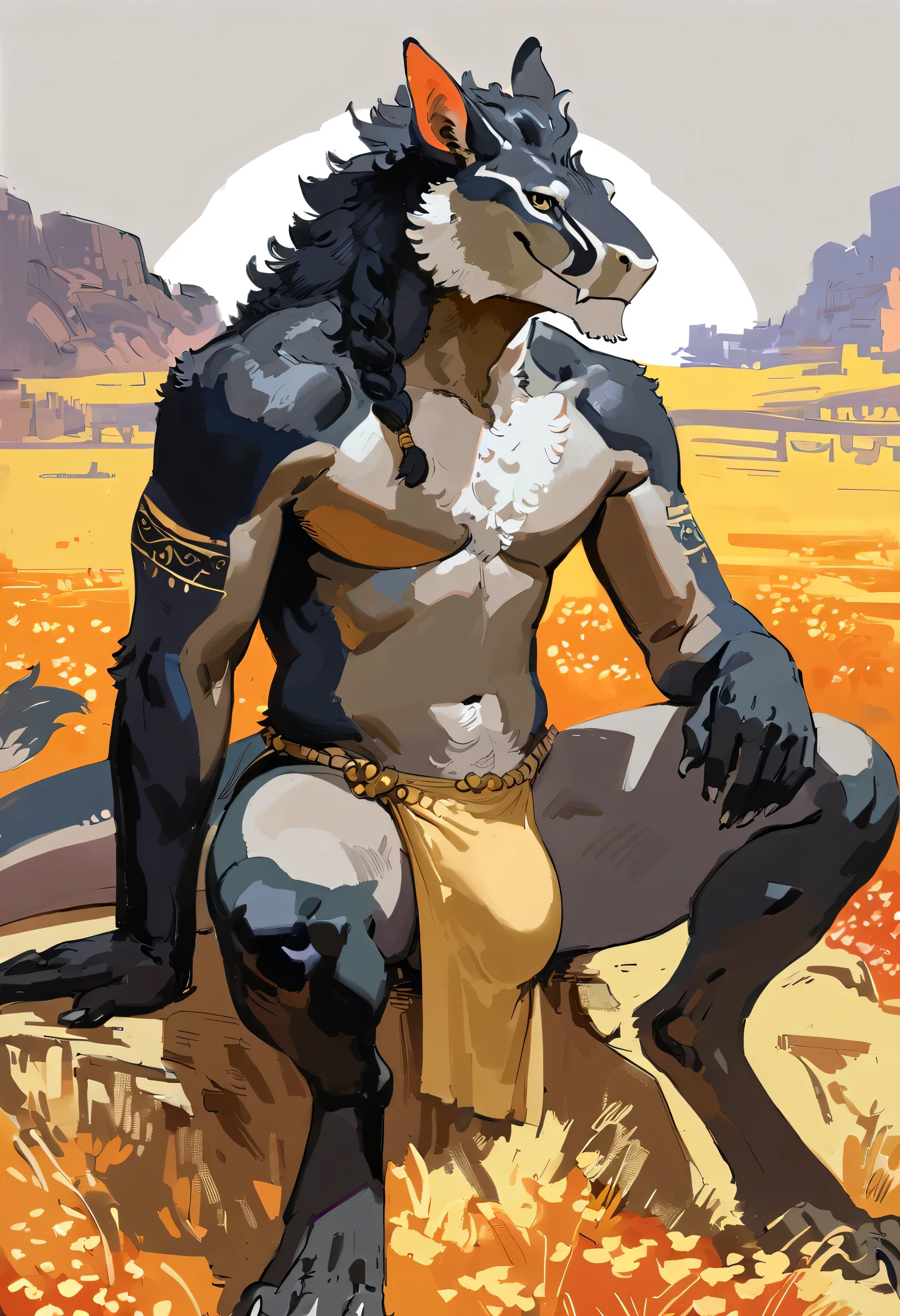 solo, male, anthro, (Felkin), by seyorrol, digitigrade, digital artwork, ((intricate field background)), (powerful silhouette, mysterious shadows:1.2), realistic shading, (epic, masterpiece, high quality, 8k, ultra HD, absurd res, top quality, best quality, max quality, masterpiece), ((sexy, (masculine body))), (tail), ((fur)), sitting, smug expression, (((half body))), ((detailed eyes, looking at viewer)), (bulge, loincloth),