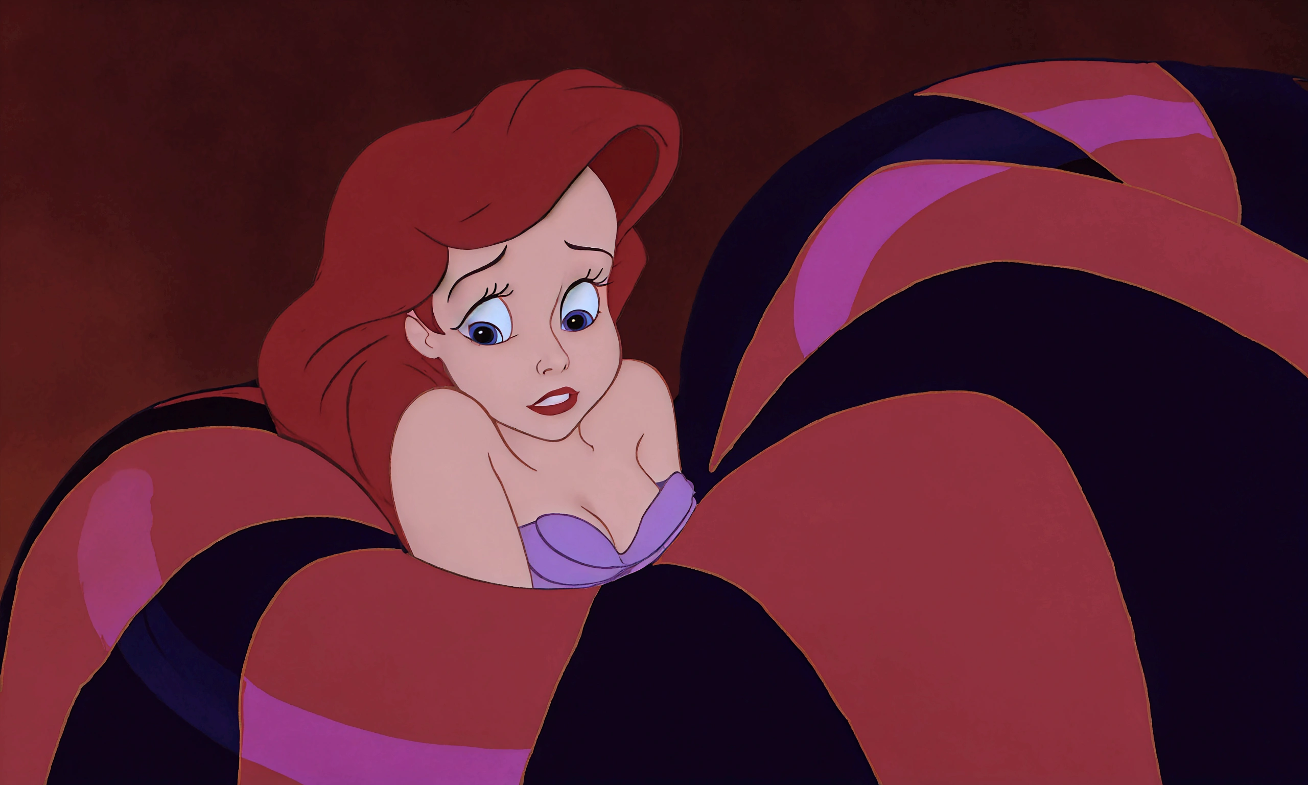 Araffe est allongé sur un lit avec une couverture rouge et noire, ariel the Sirène, the Sirène, Sirène, Princesse Ariel, Ambiance Disney classique, animation disney 2d encore, capture d'écran du film, Megara, jessica lapin, emma watson as jessica lapin, méchante de Disney, mais un regard sévère à son sujet, pose désespérée, taché », la nuit!