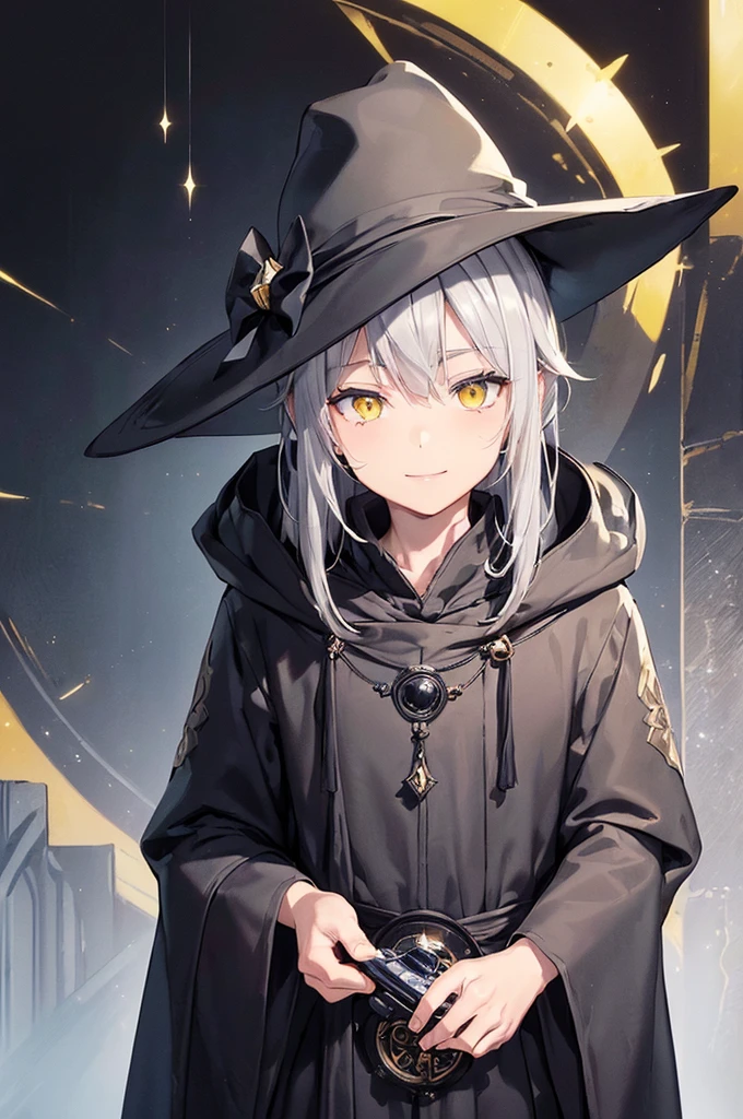 (masterpiece; best quality: 1.2), (finely detailed eyes: 1.3), ((70 year old man)), ((solo)), (yellow eyes: 1.4), (body; wrinkles, old, mature: 1.3), (long gray hair: 1.3), (beautiful and clear background: 1.2), ((depth of field)), (equipment: traveler mage dark robe + dark pointed hat + dark cloak: 1.3), (anime illustration: 1.2), (background composition; palace garden exterior: 1.1), (extremely fine and handsome: 1.1), (shot composition; standing + centered on torso + close-up: 1.5), (expression; calm, smile: 1.2)