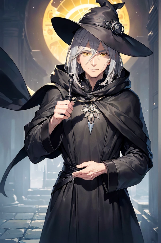 (masterpiece; best quality: 1.2), (finely detailed eyes: 1.3), ((70 year old man)), ((solo)), (yellow eyes: 1.4), (body; wrinkles, old, mature: 1.3), (long gray hair: 1.3), (beautiful and clear background: 1.2), ((depth of field)), (equipment: traveler mage dark robe + dark pointed hat + dark cloak: 1.3), (anime illustration: 1.2), (background composition; palace garden exterior: 1.1), (extremely fine and handsome: 1.1), (shot composition; standing + centered on torso + close-up: 1.5), (expression; calm, smile: 1.2)