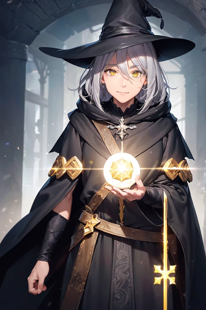 (masterpiece; best quality: 1.2), (finely detailed eyes: 1.3), ((70 year old man)), ((solo)), (yellow eyes: 1.4), (body; wrinkles, old, mature: 1.3), (long gray hair: 1.3), (beautiful and clear background: 1.2), ((depth of field)), (equipment: traveler mage dark robe + dark pointed hat + dark cloak: 1.3), (anime illustration: 1.2), (background composition; palace garden exterior: 1.1), (extremely fine and handsome: 1.1), (shot composition; standing + centered on torso + close-up: 1.5), (expression; calm, smile: 1.2)