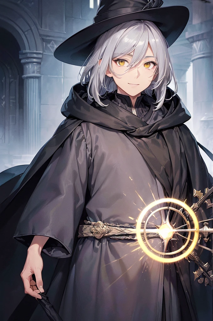 (masterpiece; best quality: 1.2), (finely detailed eyes: 1.3), ((70 year old man)), ((solo)), (yellow eyes: 1.4), (body; wrinkles, old, mature: 1.3), (long gray hair: 1.3), (beautiful and clear background: 1.2), ((depth of field)), (equipment: traveler mage dark robe + dark pointed hat + dark cloak: 1.3), (anime illustration: 1.2), (background composition; palace garden exterior: 1.1), (extremely fine and handsome: 1.1), (shot composition; standing + centered on torso + close-up: 1.5), (expression; calm, smile: 1.2)