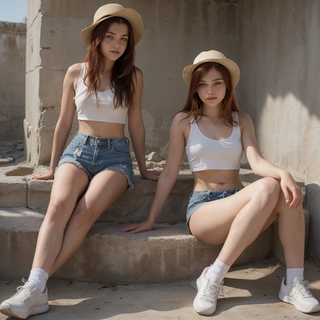 18-year-old girl similar to Chloë Grace Moretz, smiling, waist-length red hair, disheveled and disheveled, wears white fedora hat, long, loose white sleeveless blouse, blue miniskirt, tennis shoes, no socks, tight clothing, poses on ruins, Probably part of a pre-Hispanic construction, it is completely exposed to the sun without any shade. intense direct sunlight lighting, super realistic, clear sky, perfect body, correct proportions and perspectives, masterpiece, realistic photo, natural lighting direct sunlight, outdoors