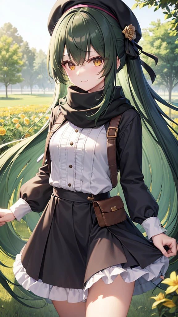 black beret, Long green hair, yellow eyes, long hair, hair parted to the right, hair clip, flower in hair, smile, calm, long skirt, maxi skirt, frills, pink blouse, cross body bag, garden, hand on chests, sunlight, scarf, ultra-detailed, absurdres, unreal engine, masterpiece, best quality, beautiful eyes, volumetric lighting, silky_hair), best quality, ultra-detailed, looking at viewer, highres, 8k wallpaper, extremely detailed, smooth lighting, 8k, depth of field, masterpiece, cinematic lighting,