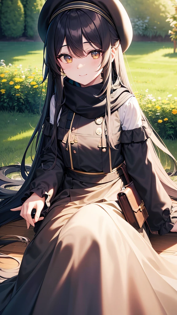 black beret, Long green hair, yellow eyes, long hair, hair parted to the right, hair clip, flower in hair, smile, calm, long skirt, maxi skirt, frills, pink blouse, cross body bag, garden, hand on chests, sunlight, scarf, ultra-detailed, absurdres, unreal engine, masterpiece, best quality, beautiful eyes, volumetric lighting, silky_hair), best quality, ultra-detailed, looking at viewer, highres, 8k wallpaper, extremely detailed, smooth lighting, 8k, depth of field, masterpiece, cinematic lighting,