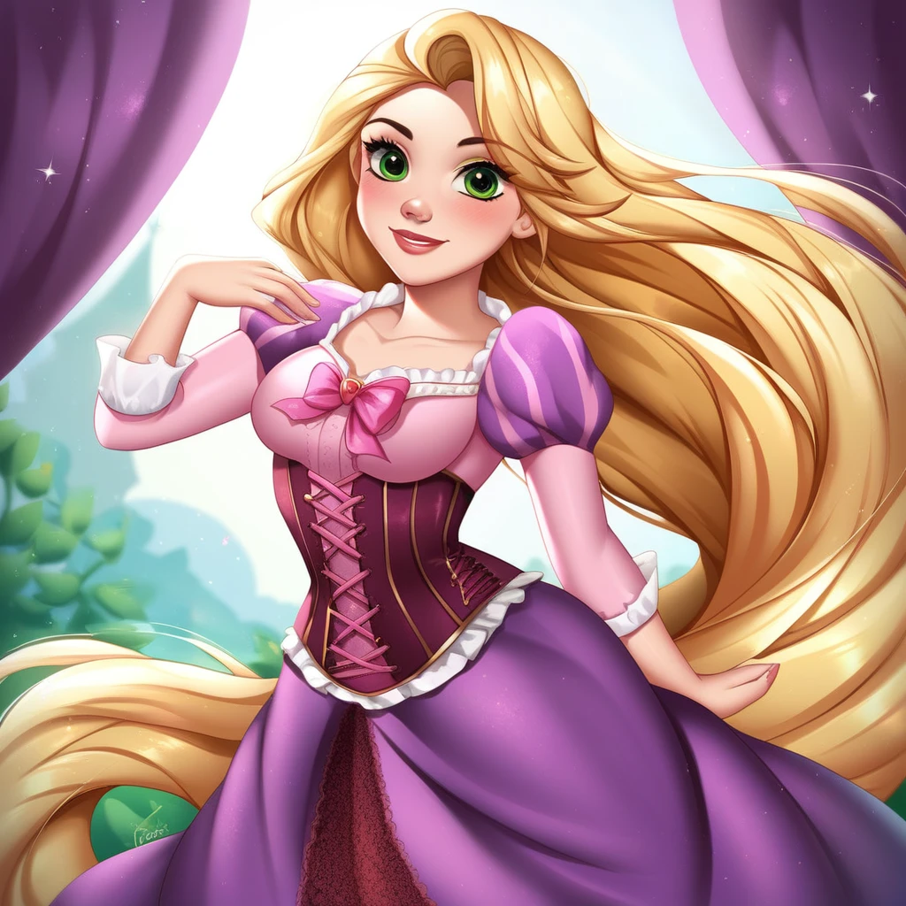score_9, score_8_up, score_7_up, source_anime, RapunzelWaifu, Disney princess Rapunzel, 1girl, detailed suit, purple cape, purple and pink stripes corset, blonde hair string belt, blonde hair lasso, cute pose, purple suit, puffy sleeves, juliet sleeve, long skirt with cape behind, necktie, blonde, green eyes, anime style, looking at viewer, cute, detailed landscape, cowboy shot, 4k, masterpiece,, anime illustration, anime colloring