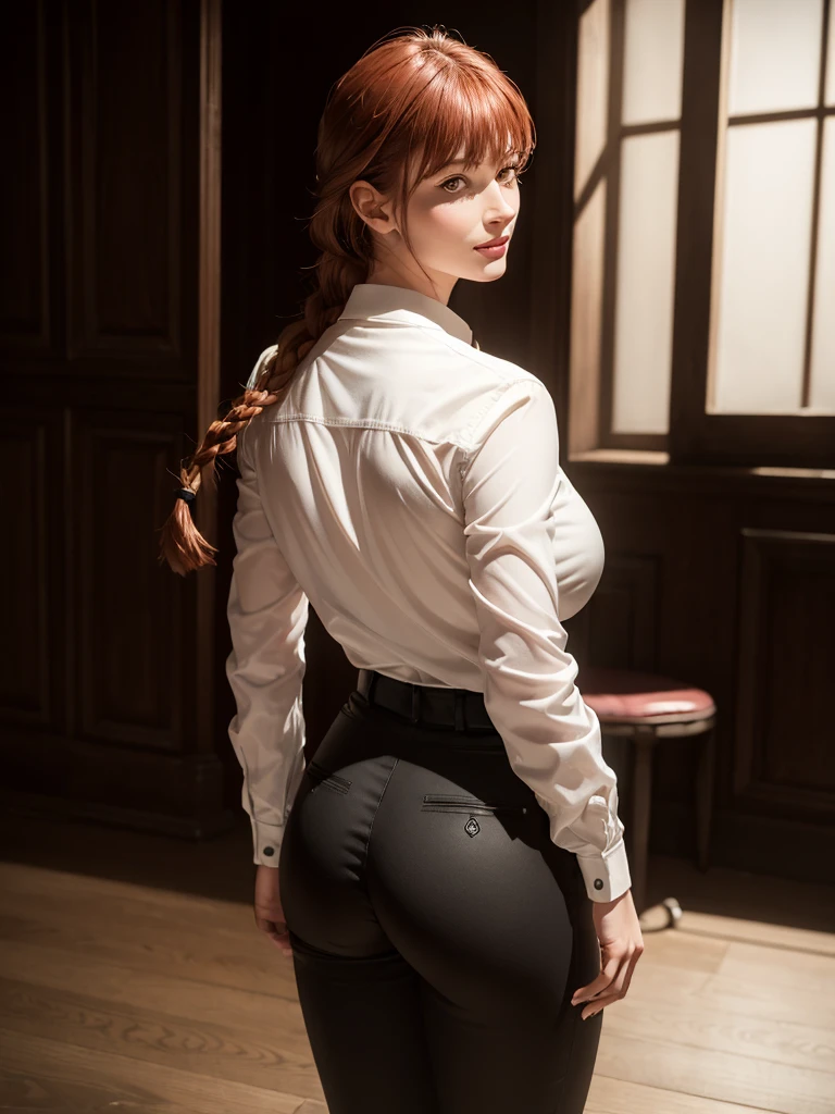 (masterpiece, best quality:1.4), (full body:1.5), (ass focus:0.8), (from behind:1.5), makima \(chainsaw man\), 1girl, bangs, indoors, black necktie, black pants, braid, braided ponytail, collared shirt, highres, long hair, long sleeves, necktie, red hair, ringed eyes, shirt, sidelocks, solo, uniform, white shirt, yellow eyes, medium breasts, beautifull smile, beautiful face, highly detailed face, highly detailed eyes, highly detailed skin, skin pores, subsurface scattering, realistic pupils, full face blush, full lips, depth of field, volumetric lighting, sharp focus, absurdres, realistic proportions, good anatomy, (realistic, hyperrealistic:1.4), 16k hdr,Busty 