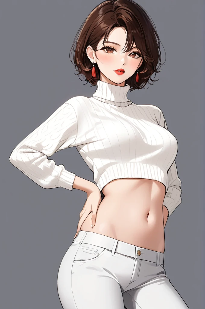 One woman ,short wavy hair ,red lipstick,face makeup,mole under right eye, tassel earrings, perfect mature body,turtle neck white sweater,pants,brown hair,legs,navel, medium breasts,hands on waist,