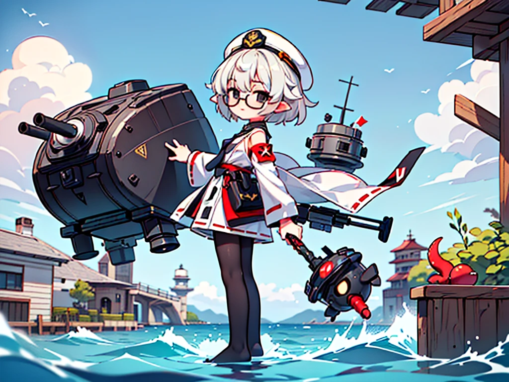 (((masterpiece, Vision))), ((((Full body of a woman with perfect flat chest、1 Female、solo、Short unkempt black hair、Tie your messy hair at the nape of your neck、white military jacket、Miko costume、black tights、Black glasses、White military cap、Cloudy black eyes、Confused eyes、Junyo-inspired emblem)))), (((Shipgirl))), ((Floating on the morning sea with both feet)), (Standing with your legs apart)), Aim, (Hold the shotgun turret grip with your right hand), (Four mechanical tentacles extending from its back each hold a turret), (Equipped with a bridge on the back), (His left arm holds the grip of a triple machine gun),