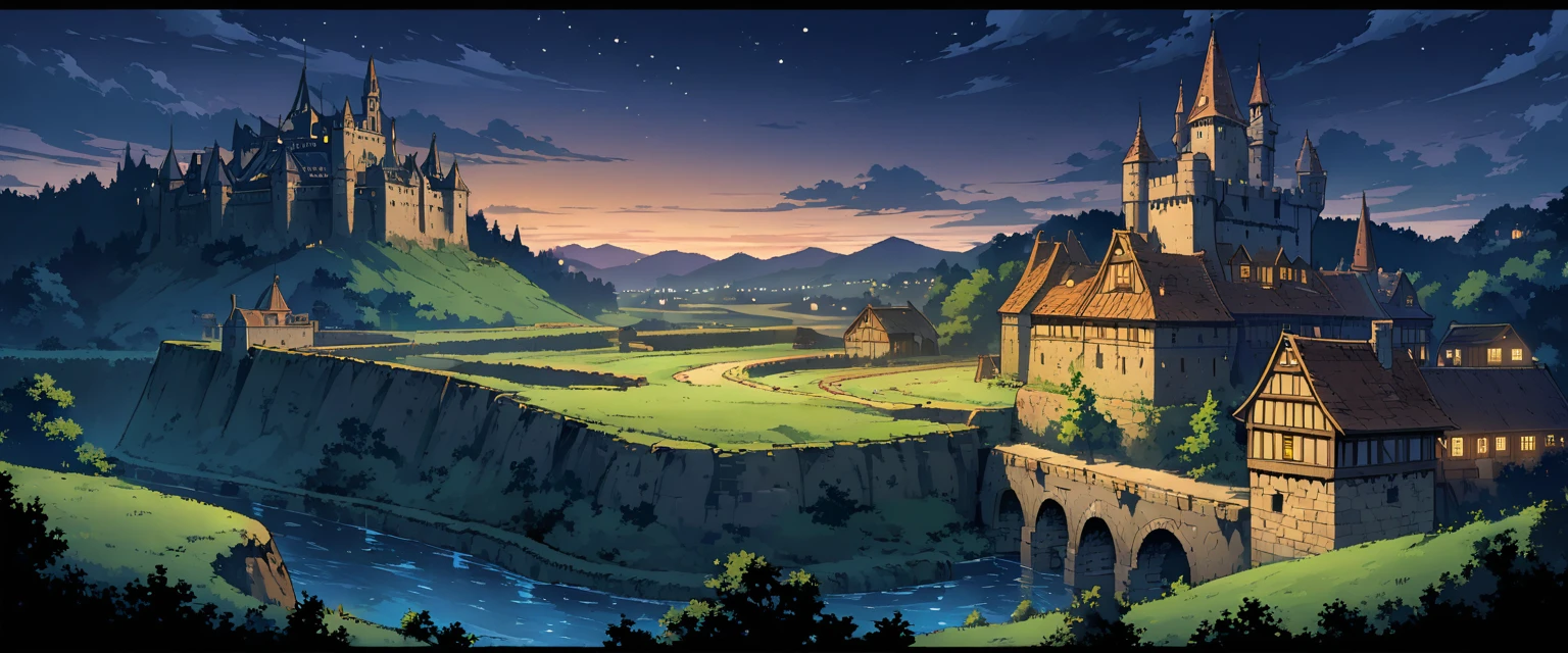 A European medieval castle on a hill,There is a moat around it,Beautiful environment。night,Night view。Mid-ground composition,Panorama pictures,Scene screen,Game concept art style,Anime illustration style,HD,4K。