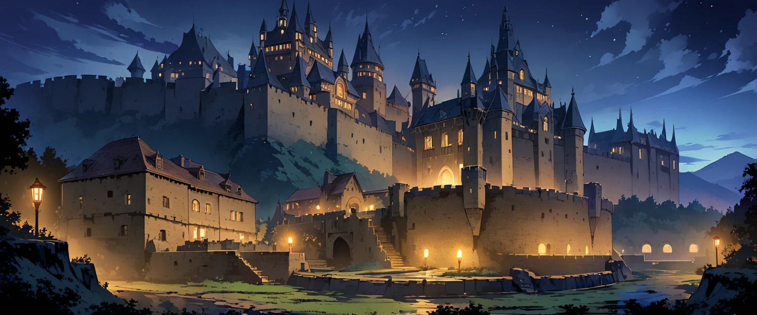 A European medieval castle on a hill,There is a moat around it,Beautiful environment。night,Night view。Mid-ground composition,Panorama pictures,Scene screen,Game concept art style,Anime illustration style,HD,4K。